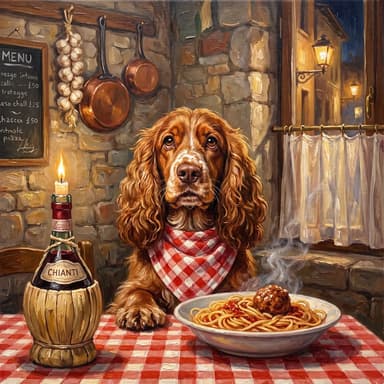 A customer's dog, painted in our Oil painting · Spaghetti dinner look