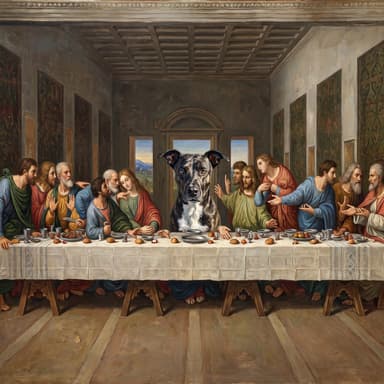 A customer's dog, painted in our Renaissance · The Last Supper look