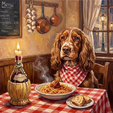 A customer's dog, painted in our Oil painting · Spaghetti dinner look