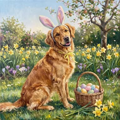 A customer's dog, painted in our Oil painting · Easter look