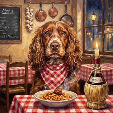 A customer's dog, painted in our Oil painting · Spaghetti dinner look