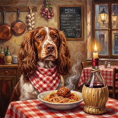 A customer's dog, painted in our Oil painting · Spaghetti dinner look