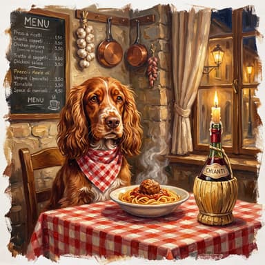 A customer's dog, painted in our Oil painting · Spaghetti dinner look