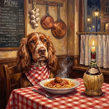 A customer's dog, painted in our Oil painting · Spaghetti dinner look