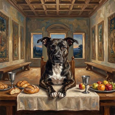A customer's dog, painted in our Renaissance · The Last Supper look