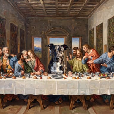 A customer's dog, painted in our Renaissance · The Last Supper look