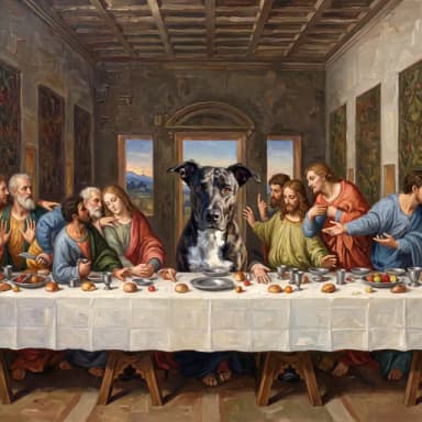 A customer's dog, painted in our Renaissance · The Last Supper look