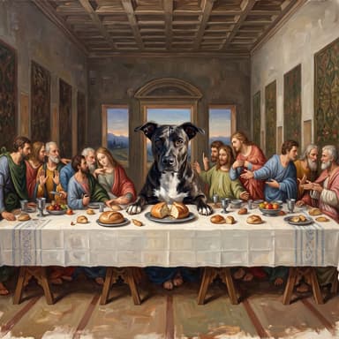 A customer's dog, painted in our Renaissance · The Last Supper look